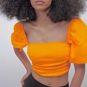 Zara Bright Orange Puff Sleeve Blouse